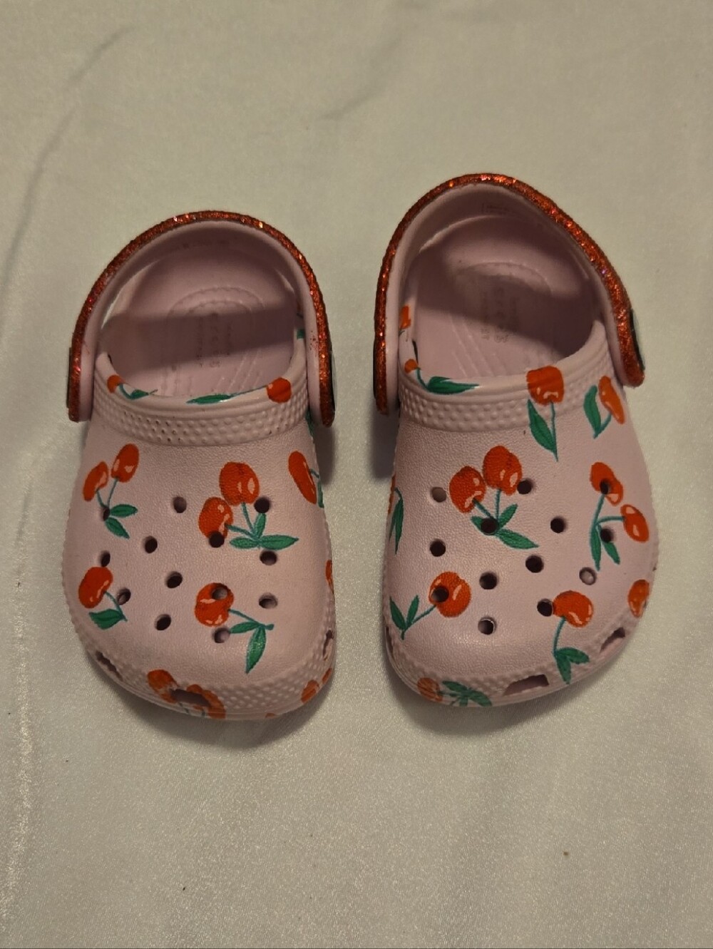 CROCS Kids Pink Clogs with Red Cherry Print & Red Glitter Size 4C